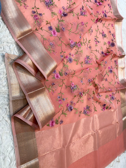 Peach  shade organza embroidery Banarasi saree