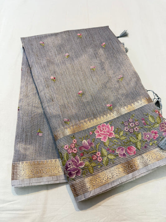 Silver shade tissue linen designer embroidery Banarasi saree