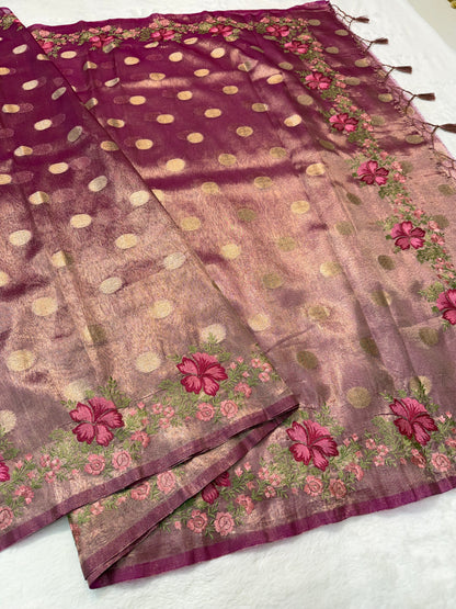 Magenta tissue cutwork embroidery premium designer Banarasi saree