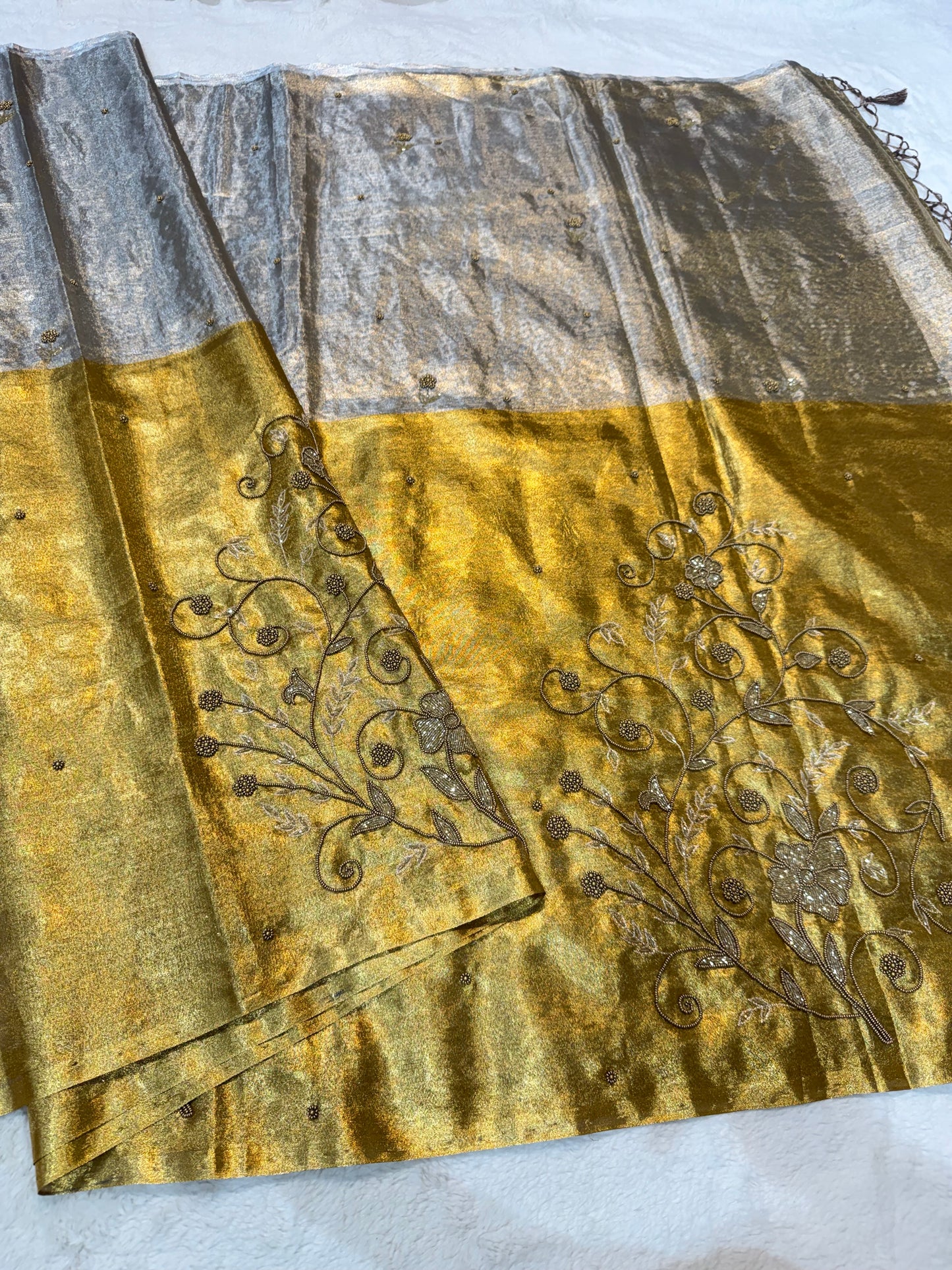Gold silver tissue half half  tissue designer hand work Banarasi saree