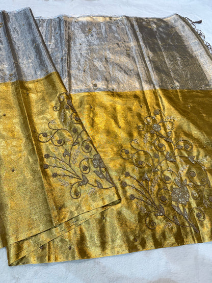 Gold silver tissue half half  tissue designer hand work Banarasi saree