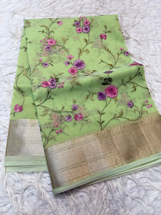 Pista   shade organza embroidery Banarasi saree