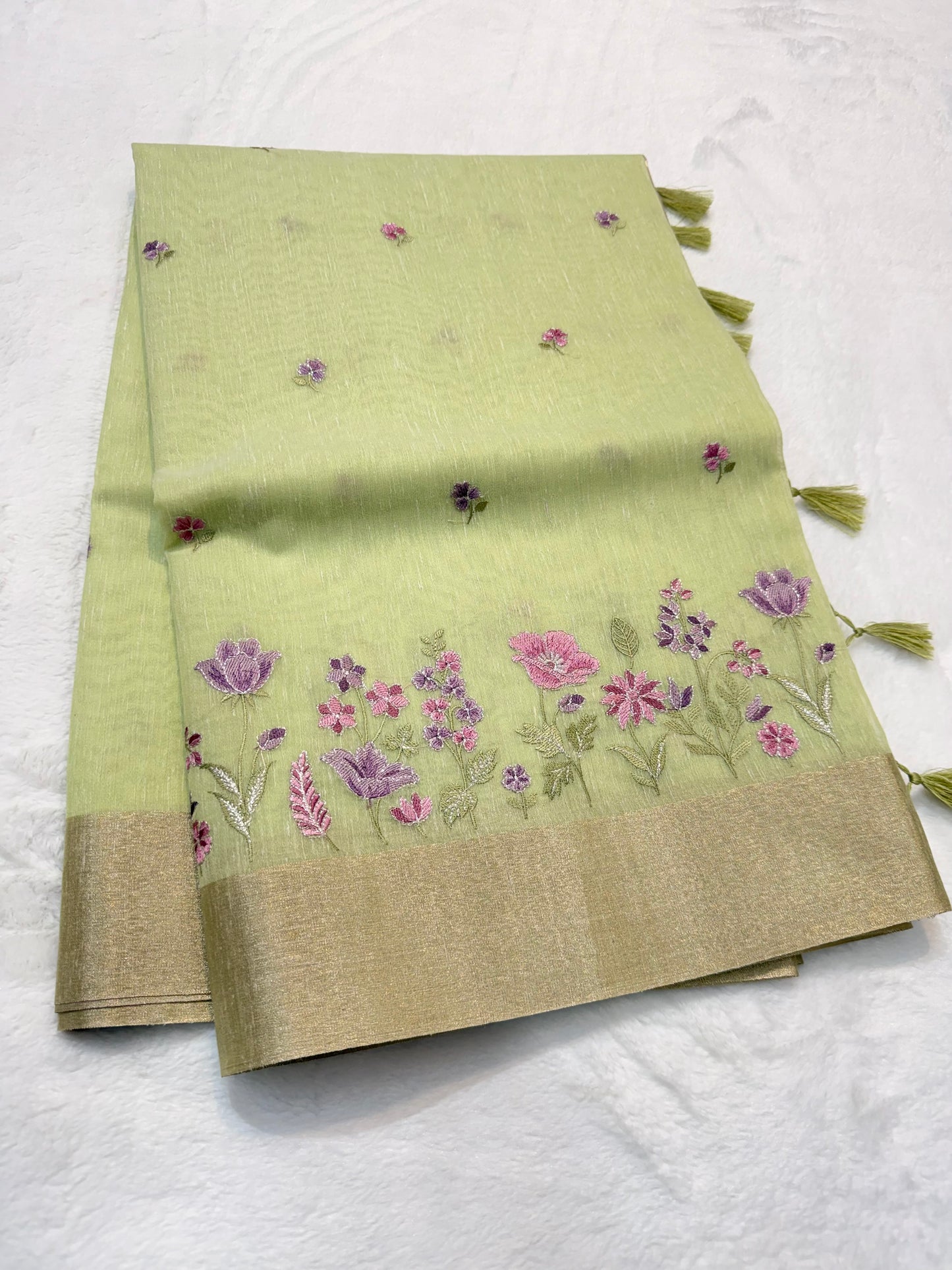 Pista green shade linen embroidery premium Banarasi saree
