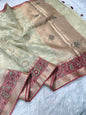 Beige red shade tissue kota zardosi work premium Banarasi saree