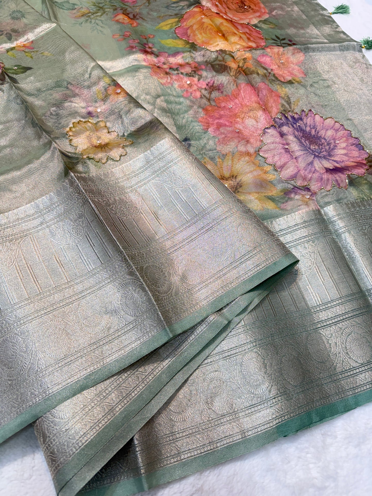 multicolour tissue silk digital print handwork premium Banarasi saree