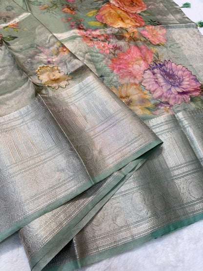 multicolour tissue silk digital print handwork premium Banarasi saree