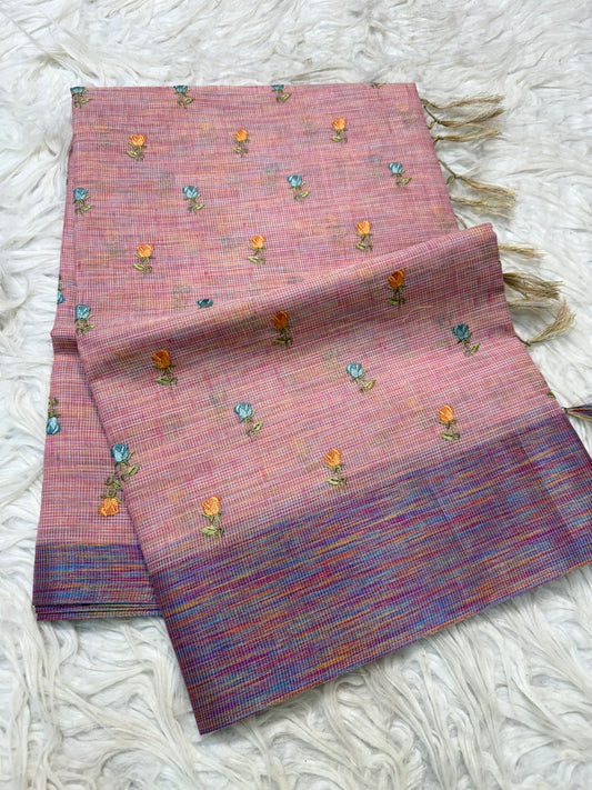 Peach shade linen  embroidery Banarasi saree