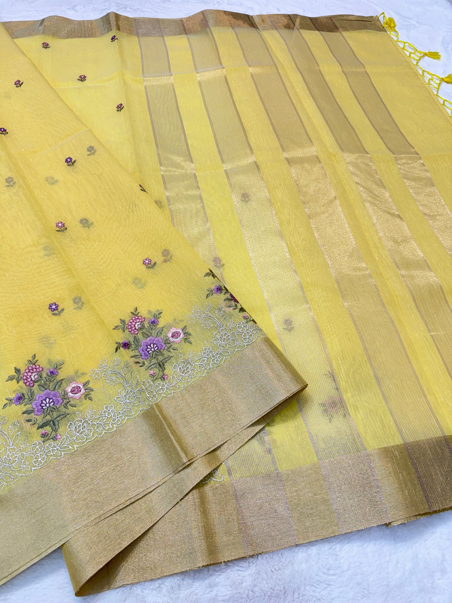 Yellow shade linen embroidery Banarasi saree