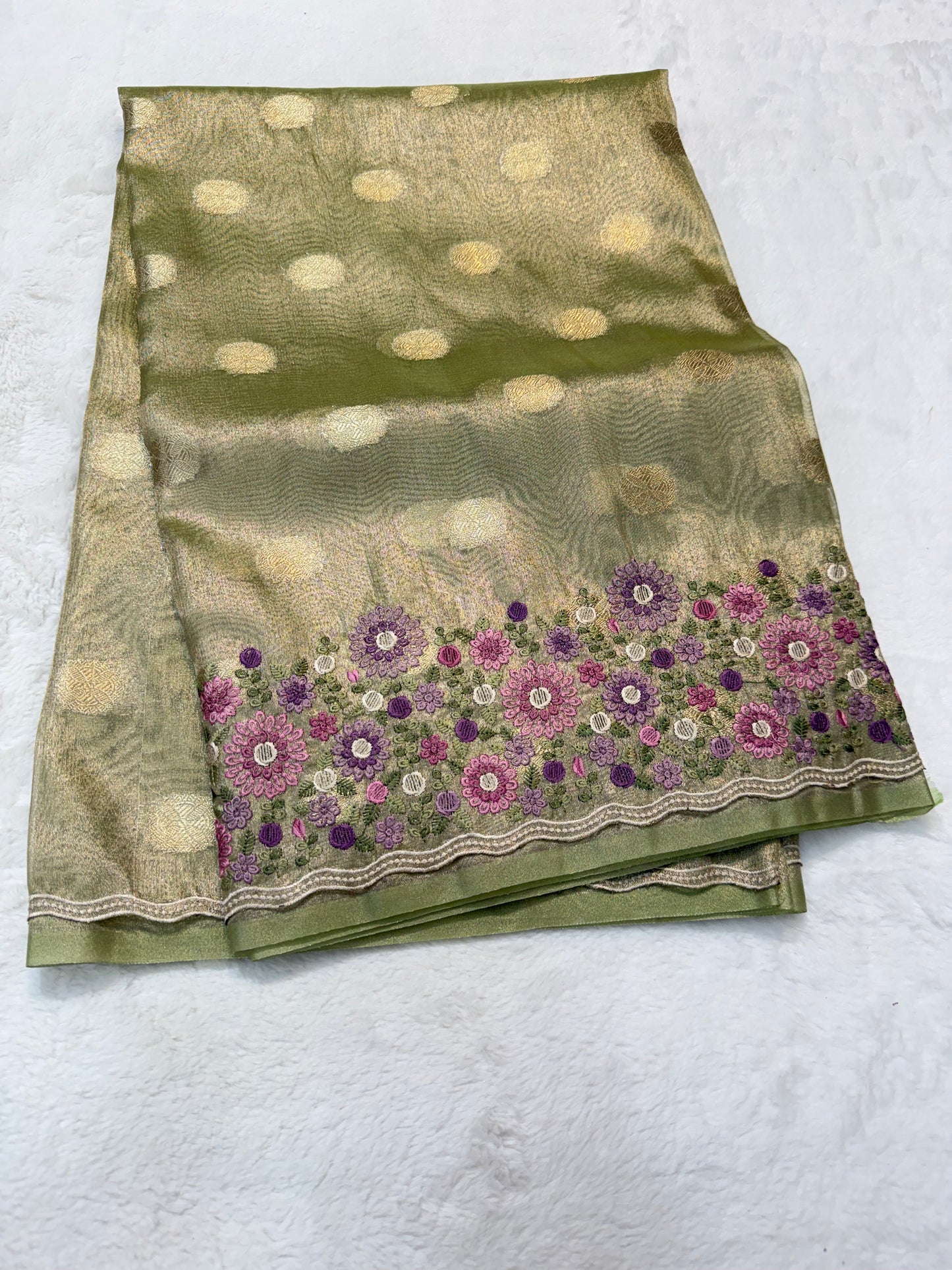 Pista green green shade tissue cutwork embroidery premium designer Banarasi saree