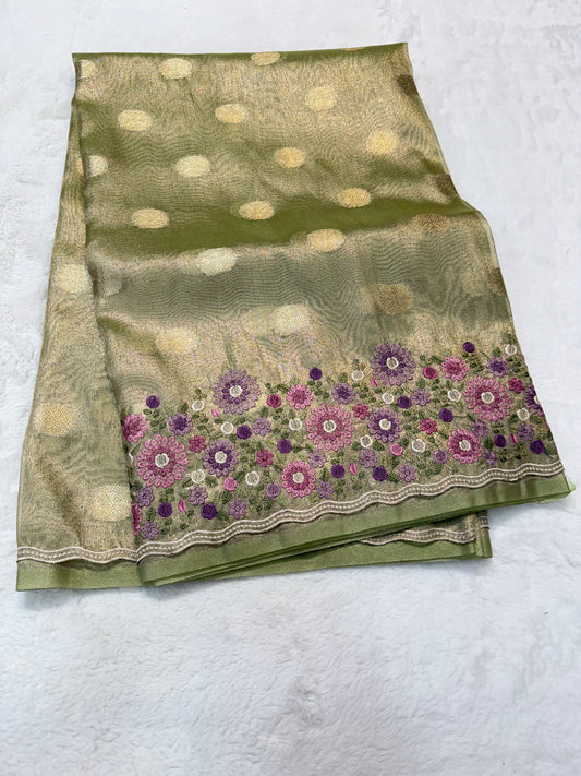 Pista green green shade tissue cutwork embroidery premium designer Banarasi saree