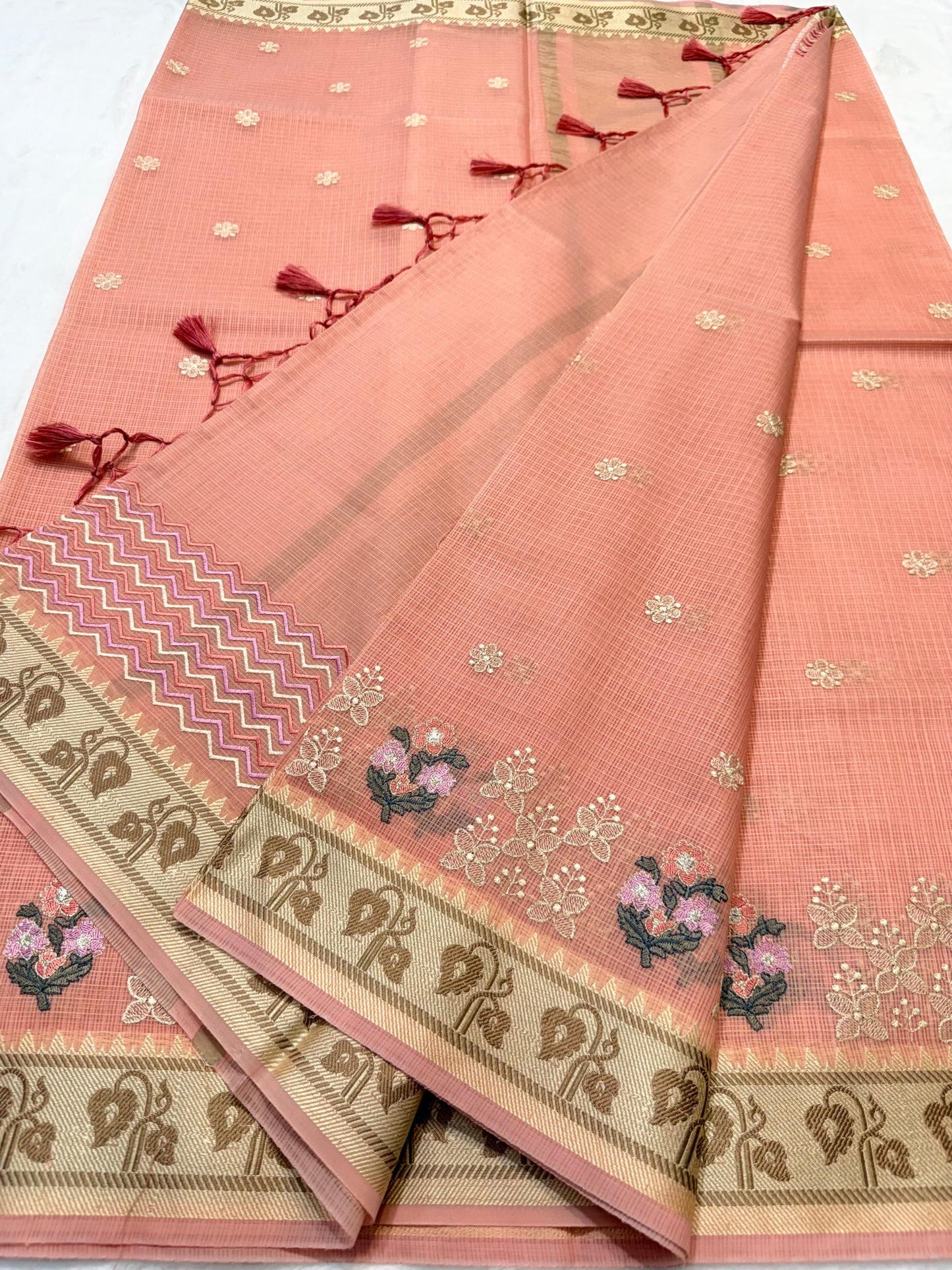 Peach shade kota designer embroidery Banarasi saree