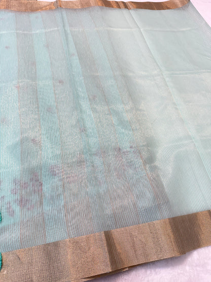 Turquoise shade linen embroidery premium Banarasi saree