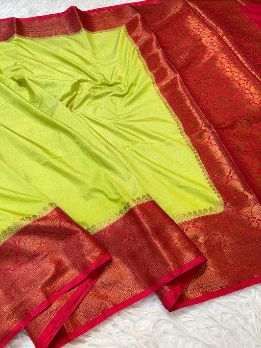 Pista green red shade Dupion silk premium Banarasi saree