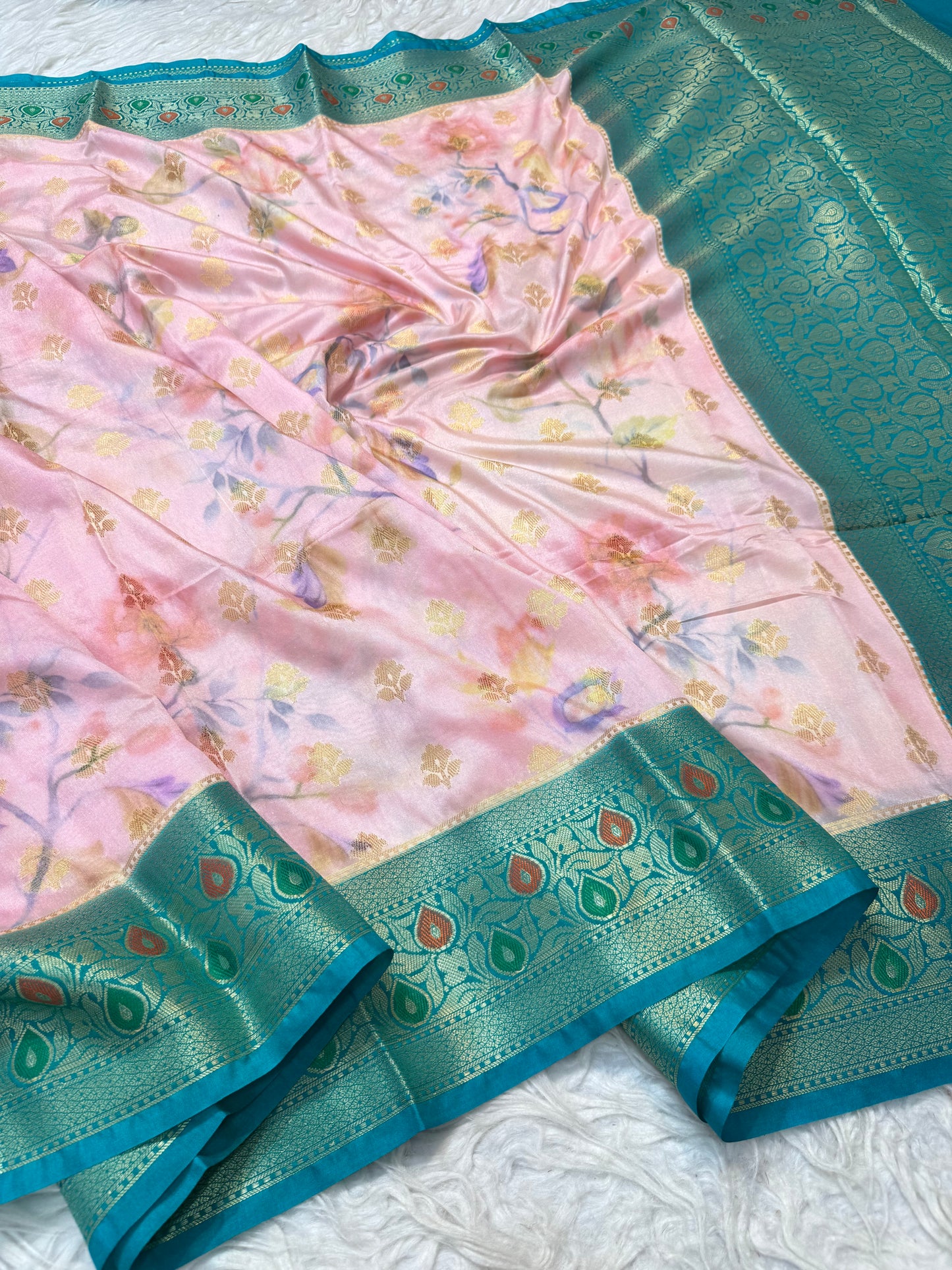 Peach & multicolour Dupion silk digital print Banarasi saree