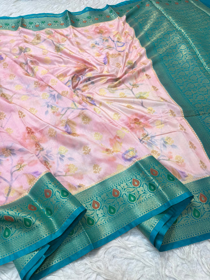 Peach & multicolour Dupion silk digital print Banarasi saree