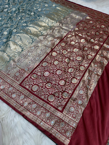 Gray maroon shade Bridal Satan katan ari & stone work Banarasi silk Saree