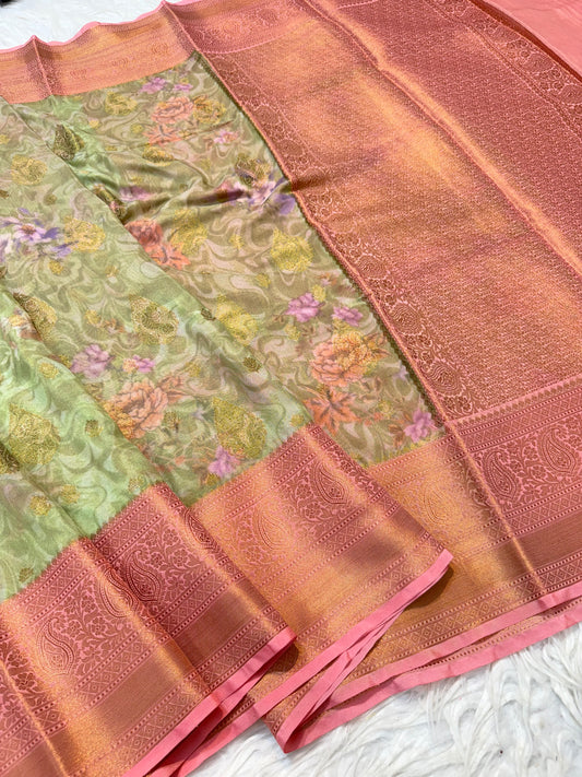 Pista green pink & multicolour shade georgatte digital print Banarasi saree