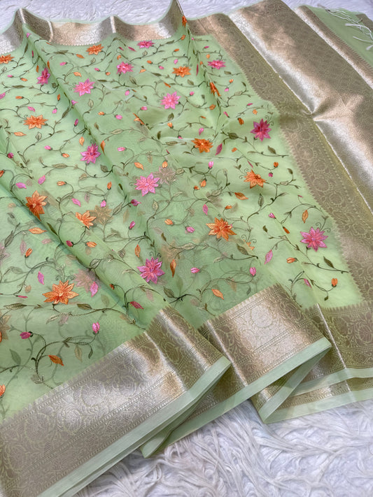 Pista green shade kora organza  embroidery Banarasi saree