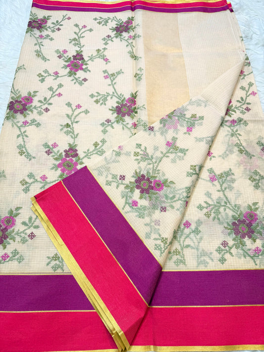 Off White royal pink magenta shade tissue kota embroidery Banarasi saree
