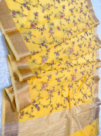 Yellow shade cotton kota embroidery Banarasi saree