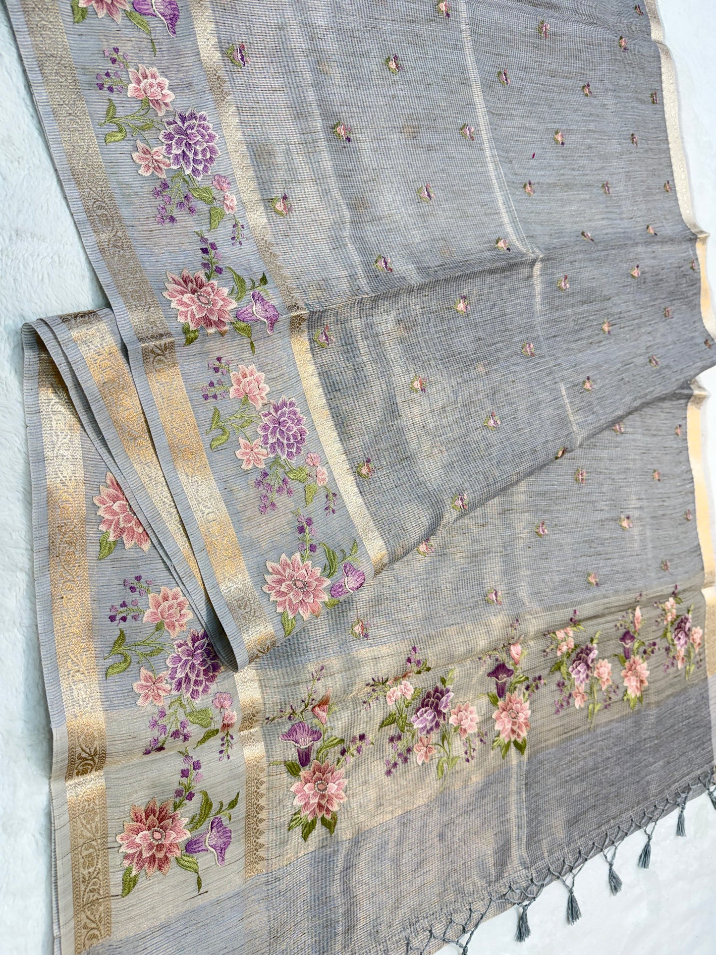 Light slate blue shade tissue linen designer embroidery premium Banarasi saree