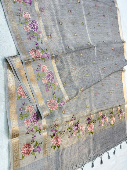 Light slate blue shade tissue linen designer embroidery premium Banarasi saree