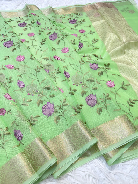 Pista green  shade cotton kota embroidery Banarasi saree