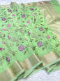 Pista green  shade cotton kota embroidery Banarasi saree
