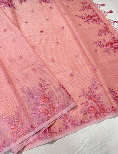 Dusty pink shade kota designer embroidery premium Banarasi saree
