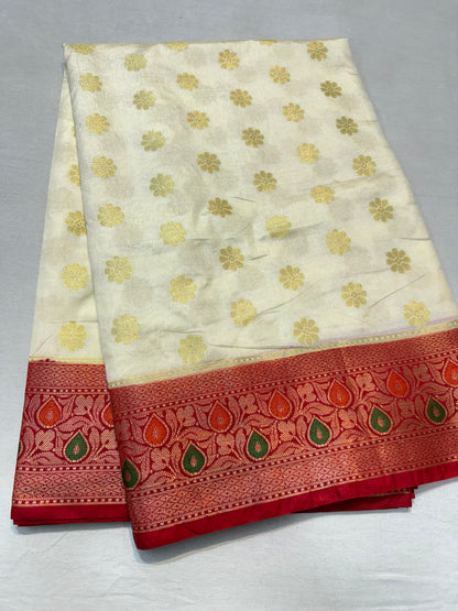 Off white & red shade  Dupion Silk premium Banarasi Saree