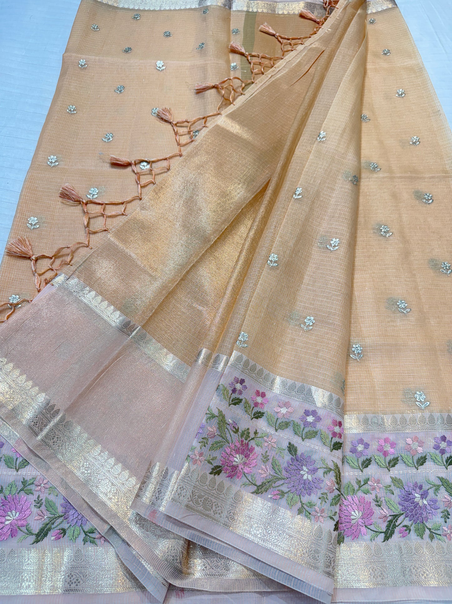 Peach shade cotton kota designe embroidery premium Banarasi saree