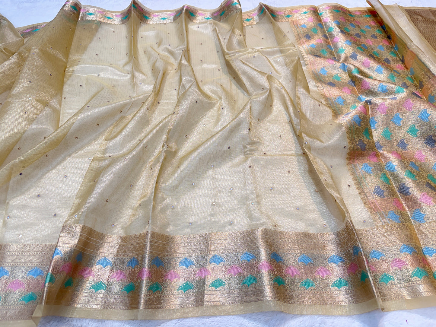 Beige shade tissue kota mirror work premium Banarasi saree