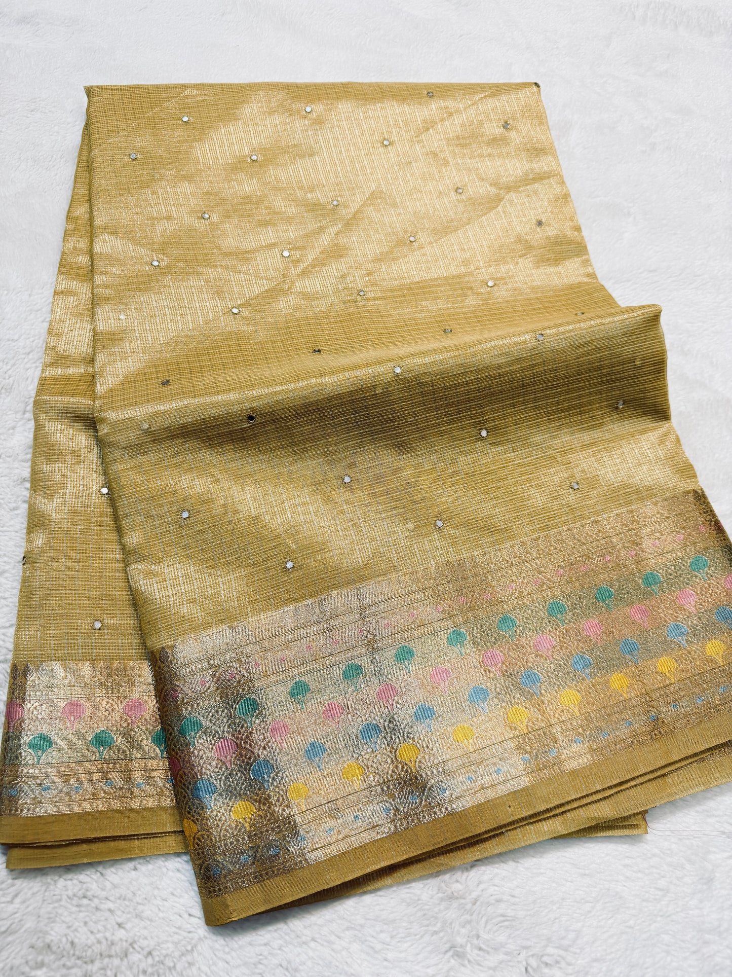 Gold shade tissue kota mirror work premium Banarasi saree