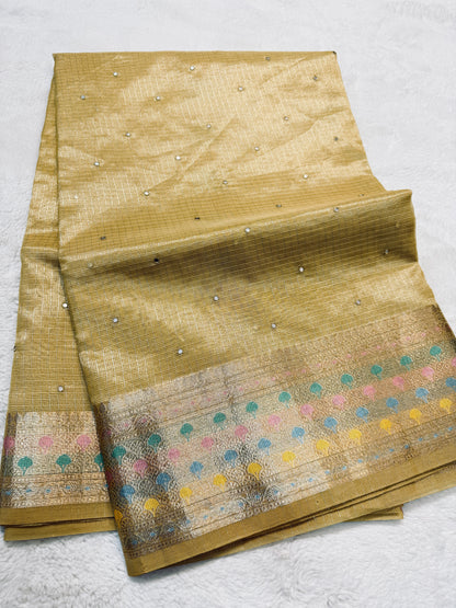 Gold shade tissue kota mirror work premium Banarasi saree