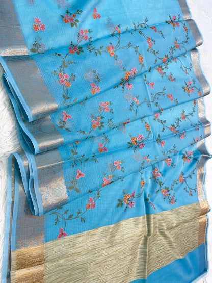 Sky blue shade kota embroidery Banarasi saree