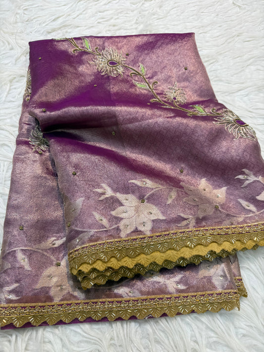 Magenta shade tissue ari & zardosi work designer premium Banarasi saree