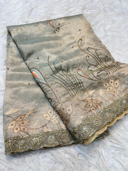 Pista green shade tissue ari & zardosi work designer premium Banarasi saree