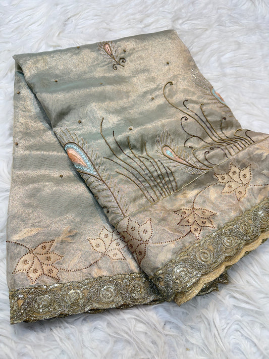 Pista green shade tissue ari & zardosi work designer premium Banarasi saree