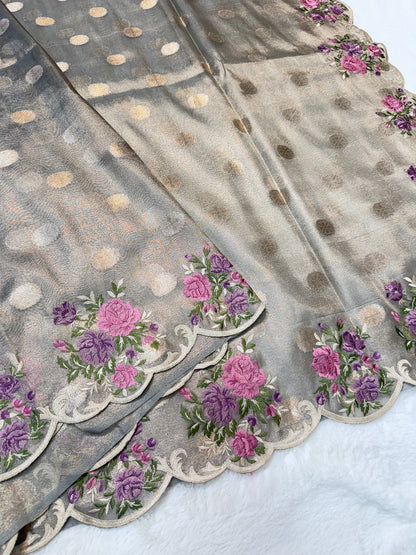 Gray shade tissue cutwork embroidery premium designer Banarasi saree