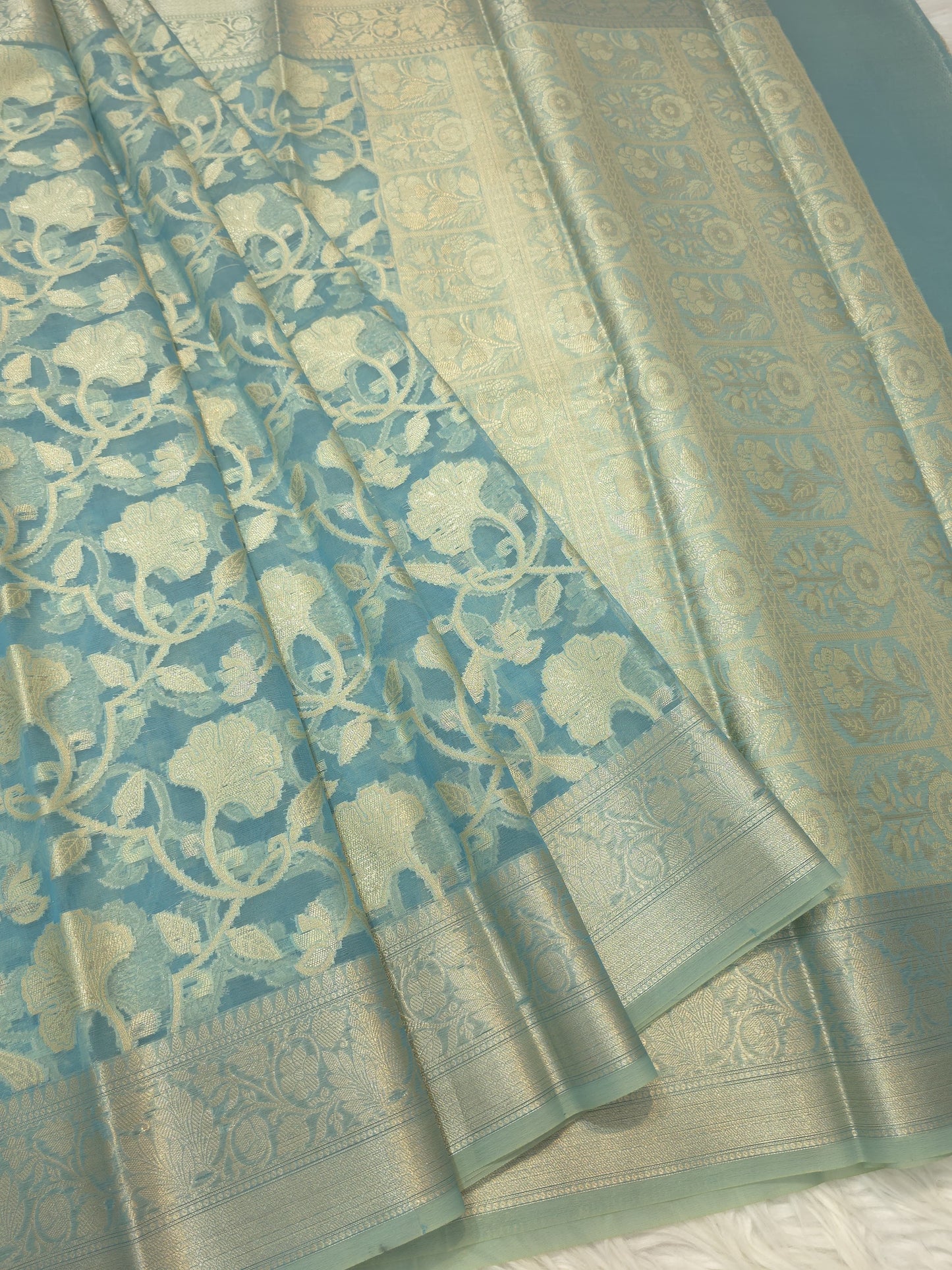 Powder blue shade kora organza Banarasi saree