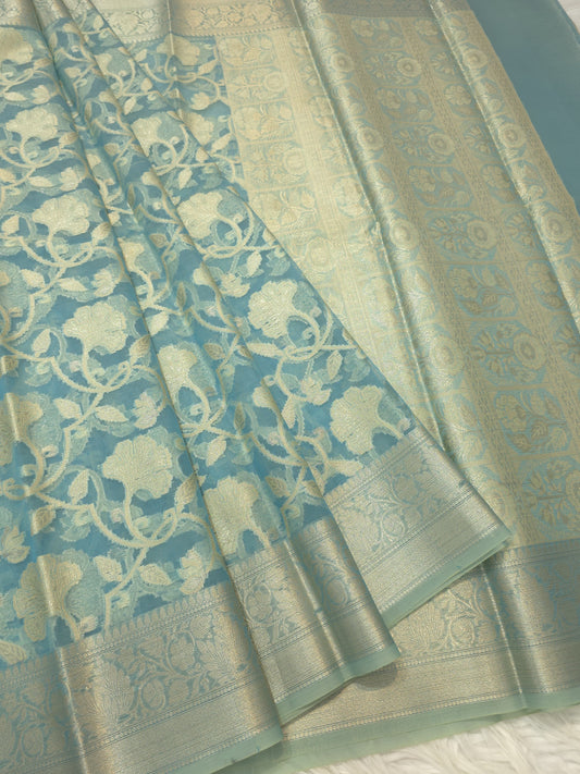 Powder blue shade kora organza Banarasi saree