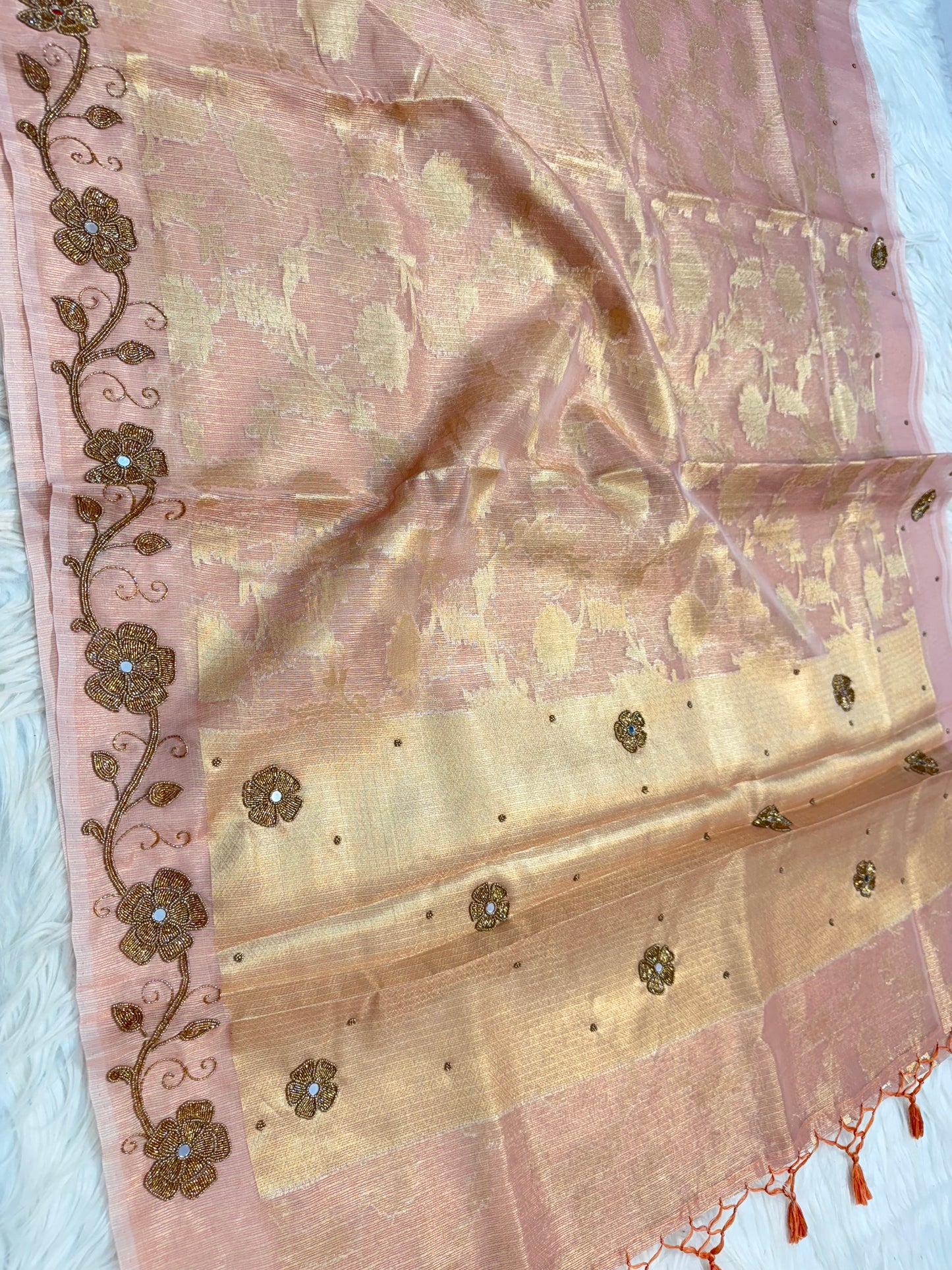 Pink shade tissue kota designer handwork premium Banarasi saree
