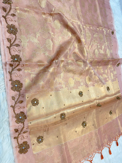 Pink shade tissue kota designer handwork premium Banarasi saree