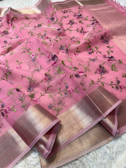 Pink shade organza embroidery Banarasi saree