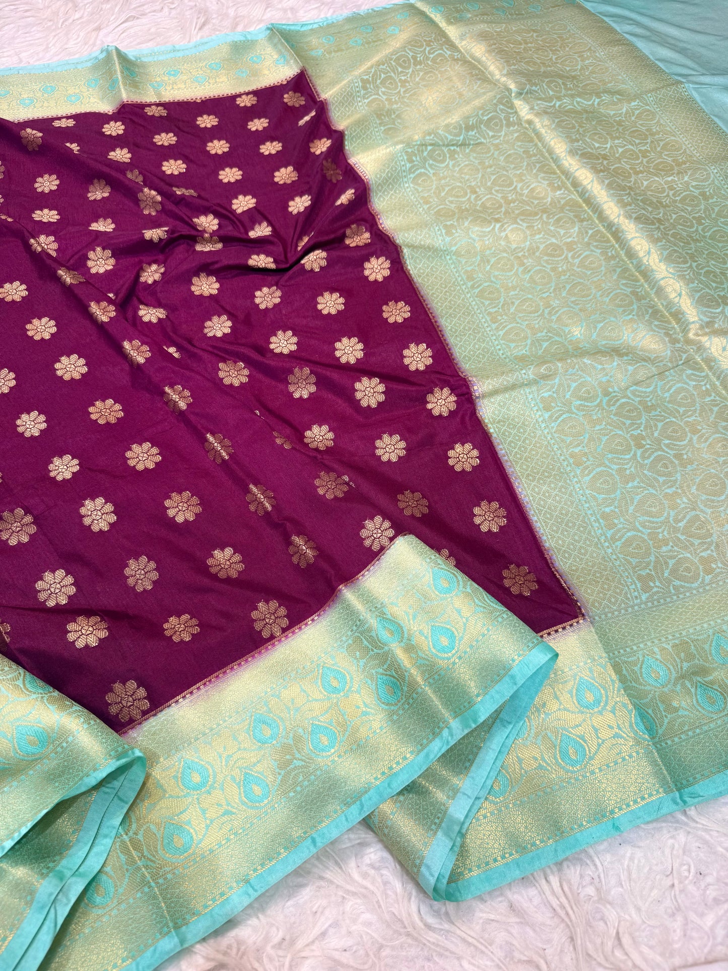 Maroon & sea green shade  Dupion Silk premium Banarasi Saree