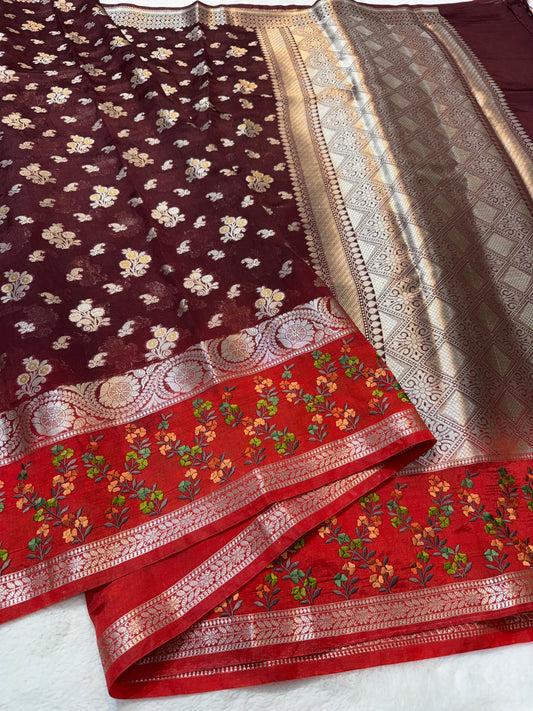 Wine & red shade raw mango premium embroidery Banarasi saree