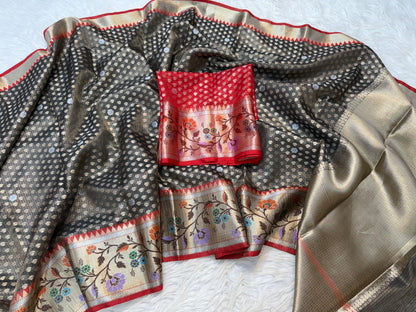 Black & red shade tissue kota premium paithani border banarasi saree