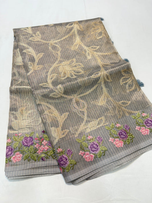 Grey shade tissue kota embroidery primum Banarasi saree