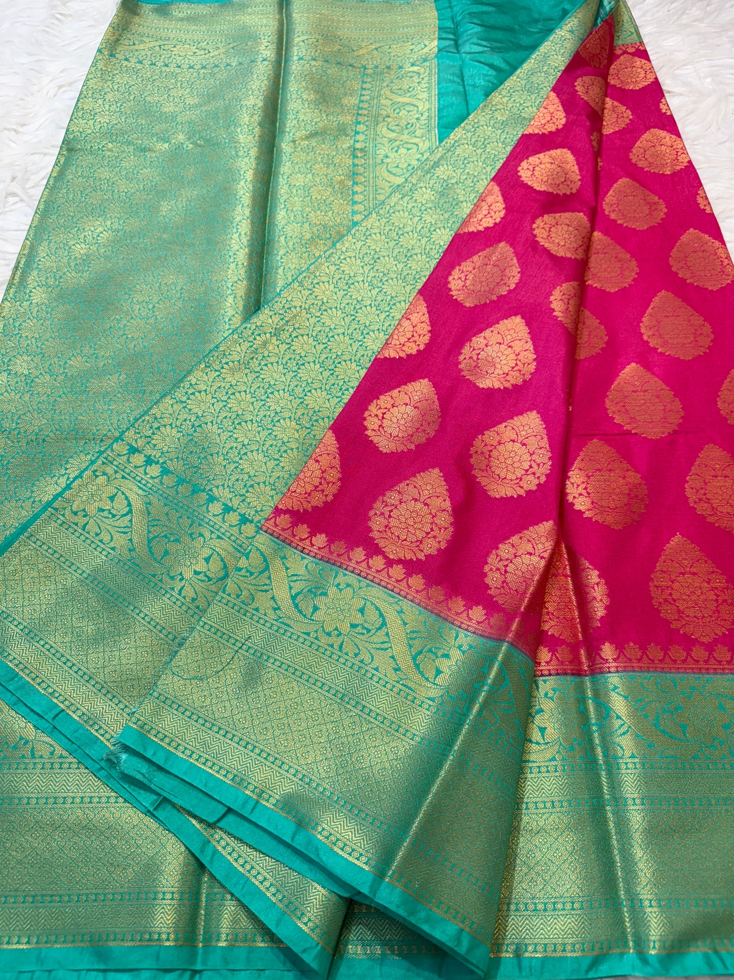 Royal pink & sea green shade Dupion Silk Banarasi Saree 