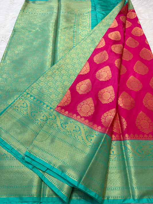 Royal pink & sea green shade Dupion Silk Banarasi Saree 
